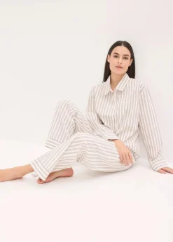 bonprix Wäsche·Homewear|Wäsche·Nachtwäsche^Weit geschnittener Loungewear Hausanzug aus gewebter Baumwolle natur/mattbraun gestreift
