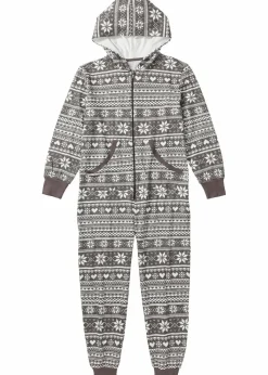 bonprix Wäsche·Homewear|Wäsche·Nachtwäsche^Weit geschnittener Loungewear Overall aus Sweatware grau meliert/wollweiß gemustert