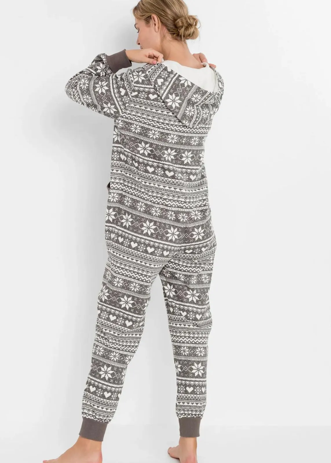 bonprix Wäsche·Homewear|Wäsche·Nachtwäsche^Weit geschnittener Loungewear Overall aus Sweatware grau meliert/wollweiß gemustert
