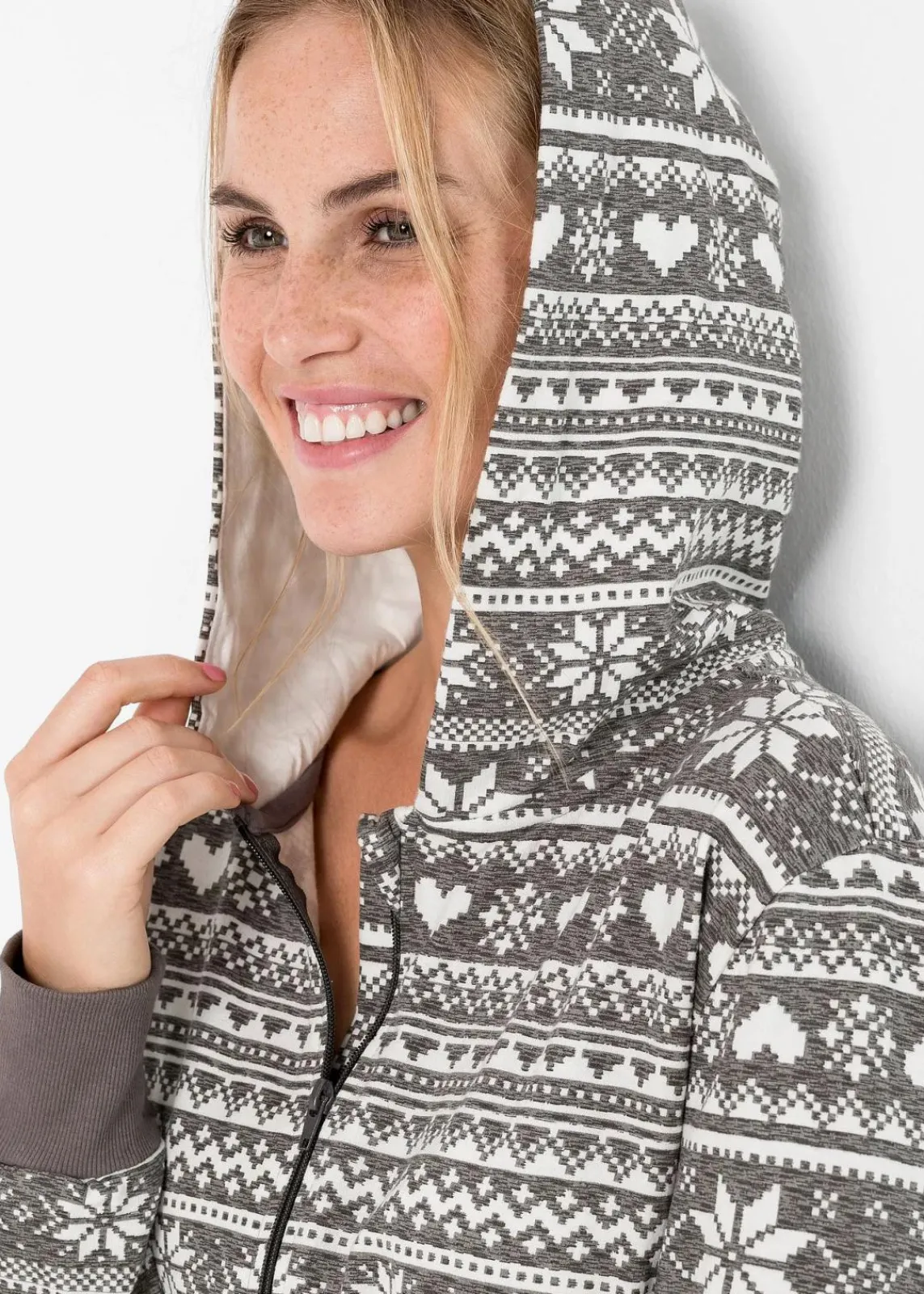 bonprix Wäsche·Homewear|Wäsche·Nachtwäsche^Weit geschnittener Loungewear Overall aus Sweatware grau meliert/wollweiß gemustert