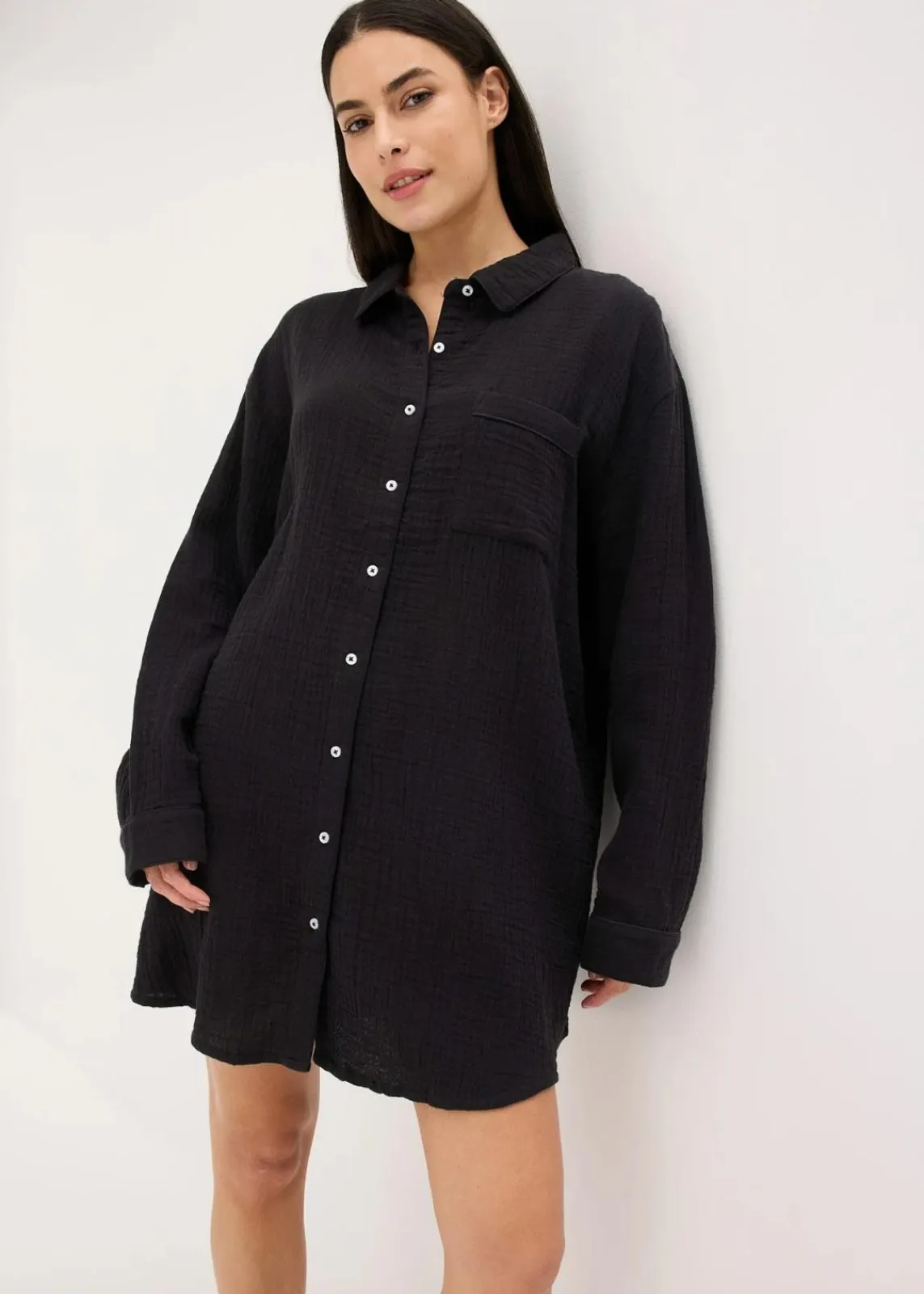 bonprix Wäsche·Homewear|Bekleidung·Strickmode^Weit geschnittenes Loungewear Nachthemd aus Musselin schwarz