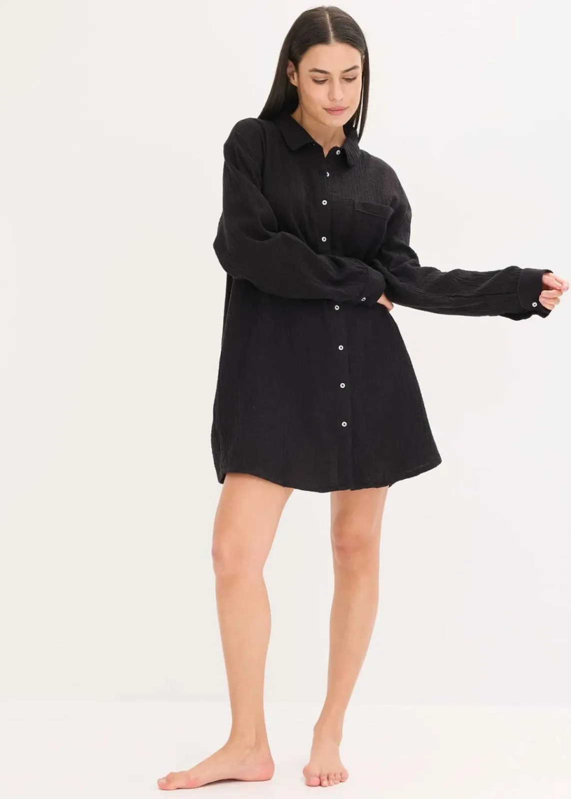 bonprix Wäsche·Homewear|Bekleidung·Strickmode^Weit geschnittenes Loungewear Nachthemd aus Musselin schwarz