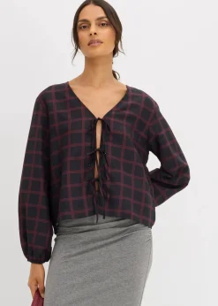 bonprix Blusen & Tuniken|Zweiteiler & Sets^Weite Bluse aus softer Viskose schwarz/ahornrot kariert