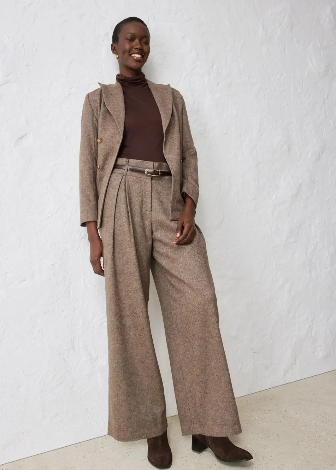 bonprix Bekleidung·Kleider|Premium^Weite Bundfaltenhose mit weichem Wollanteil dunkelbraun meliert
