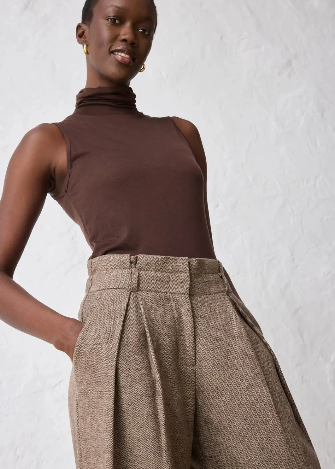 bonprix Bekleidung·Kleider|Premium^Weite Bundfaltenhose mit weichem Wollanteil dunkelbraun meliert