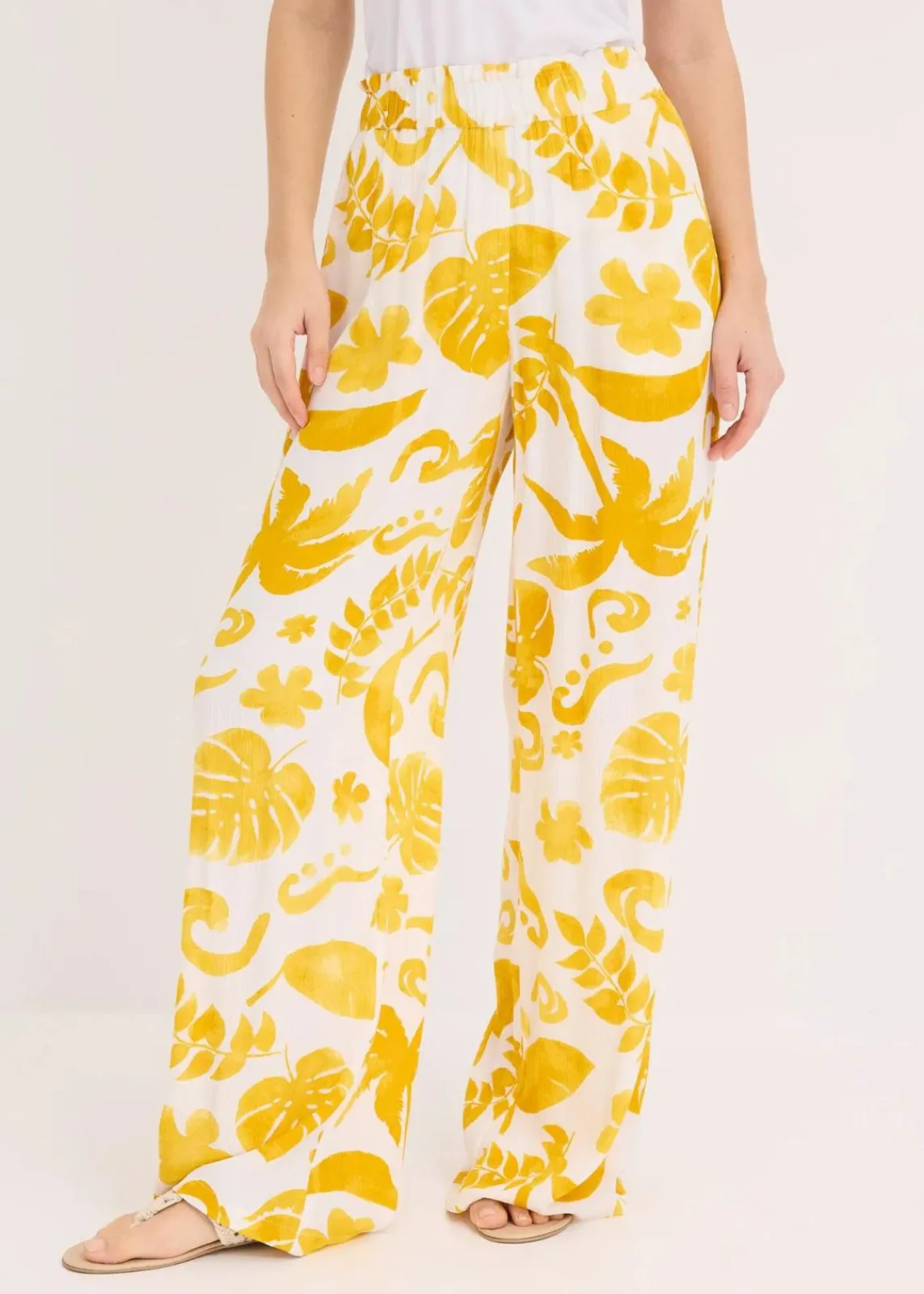 bonprix Bekleidung·Kleider|Hosen^Weite Hose aus strukturierter Viskose weiß/lemoncurry floral