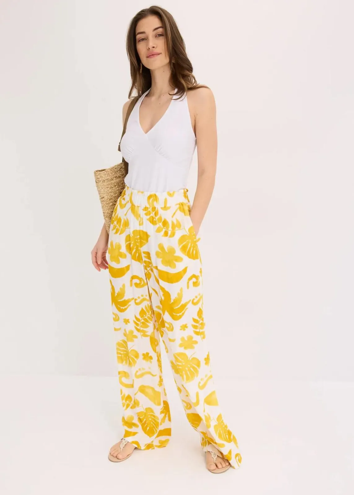 bonprix Bekleidung·Kleider|Hosen^Weite Hose aus strukturierter Viskose weiß/lemoncurry floral
