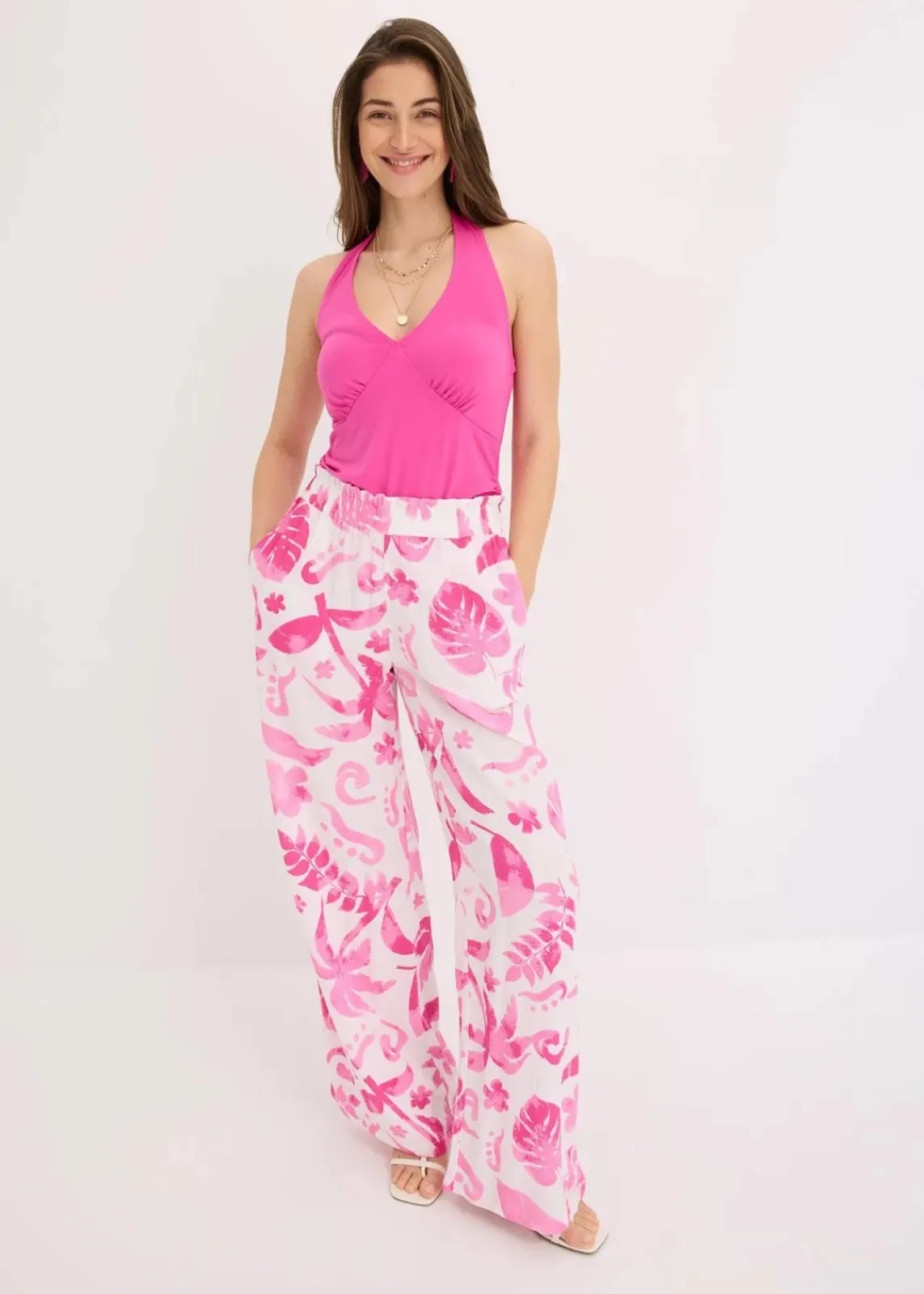 bonprix Nachhaltigere Materialien|Hosen^Weite Hose aus strukturierter Viskose weiß/fuchsia floral