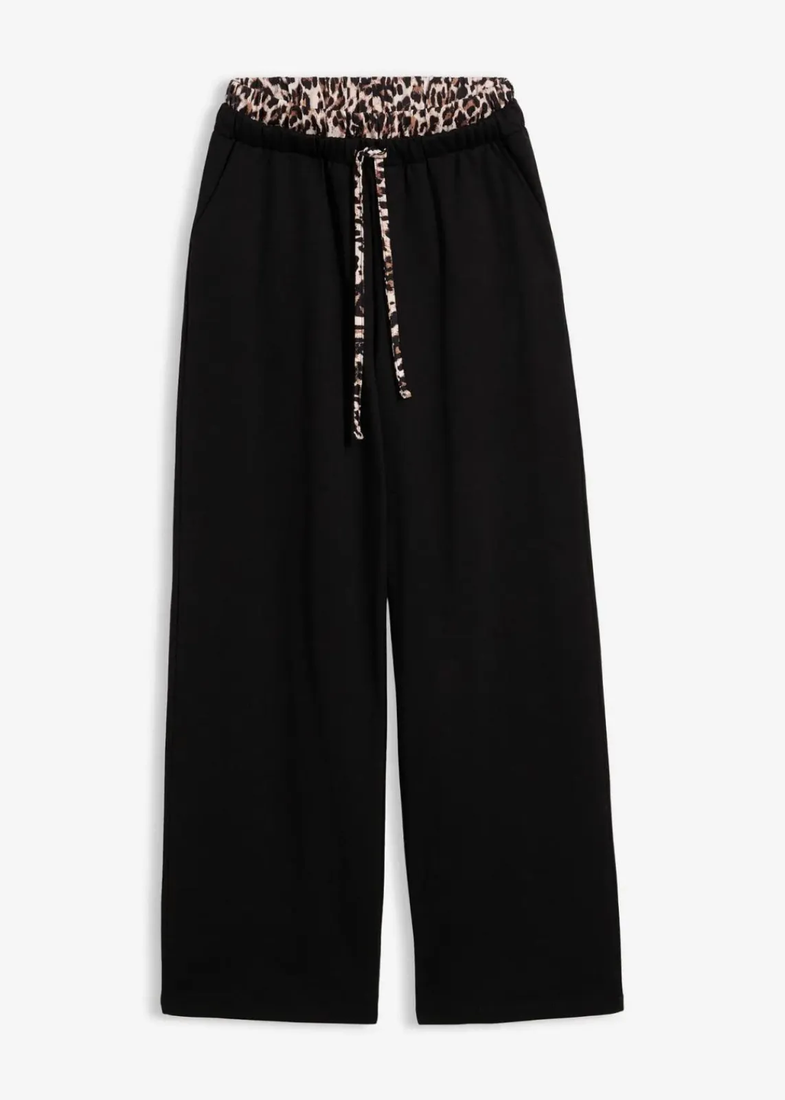 bonprix Bekleidung·Blusen & Tuniken|Bekleidung·Kleider^Weite Sweathose mit Kontrastbund schwarz leo bedruckt