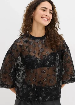 bonprix Bekleidung·Jacken & Mäntel|Blusen & Tuniken^Weites Blusenshirt mit hochwertigen Pailletten schwarz