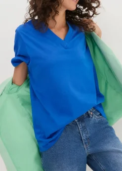 bonprix Bekleidung·Röcke|Basics^Weites Long-Shirt mit V-Ausschnitt, Kurzarm (5er Pack) hellkoralle + hummer + hellblau + azurblau + weiß