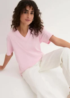 bonprix Shirts & Tops|Basics^Weites Long-Shirt mit V-Ausschnitt, Kurzarm (5er Pack) kristallrosa + pastellmint + mattaqua + rauchflieder + weiß