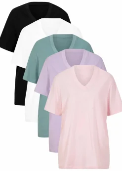 bonprix Shirts & Tops|Basics^Weites Long-Shirt mit V-Ausschnitt, Kurzarm (5er Pack) hellviolett + rauchsalbei + kristallrosa + schwarz + weiß