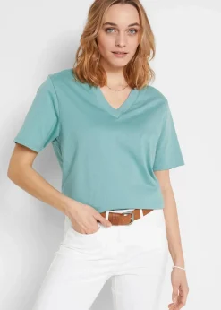 bonprix Shirts & Tops|Basics^Weites Long-Shirt mit V-Ausschnitt, Kurzarm (5er Pack) hellviolett + rauchsalbei + kristallrosa + schwarz + weiß