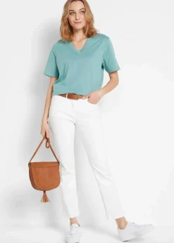 bonprix Shirts & Tops|Basics^Weites Long-Shirt mit V-Ausschnitt, Kurzarm (5er Pack) hellviolett + rauchsalbei + kristallrosa + schwarz + weiß
