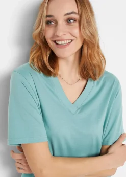 bonprix Shirts & Tops|Basics^Weites Long-Shirt mit V-Ausschnitt, Kurzarm (5er Pack) hellviolett + rauchsalbei + kristallrosa + schwarz + weiß
