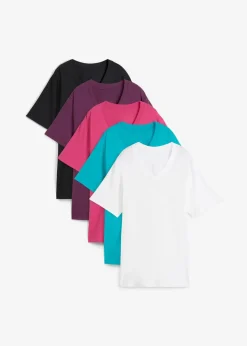 bonprix Shirts & Tops|Basics^Weites Long-Shirt mit V-Ausschnitt, Kurzarm (5er Pack) smaragd + weinbeere + mittelfuchsia + weiß + schwarz