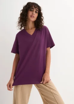 bonprix Shirts & Tops|Basics^Weites Long-Shirt mit V-Ausschnitt, Kurzarm (5er Pack) smaragd + weinbeere + mittelfuchsia + weiß + schwarz