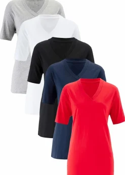 bonprix Shirts & Tops|Basics^Weites Long-Shirt mit V-Ausschnitt, Kurzarm (5er Pack) erdbeere + schwarz +weiß + hellgrau meliert + dunkelblau