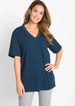 bonprix Shirts & Tops|Basics^Weites Long-Shirt mit V-Ausschnitt, Kurzarm (5er Pack) erdbeere + schwarz +weiß + hellgrau meliert + dunkelblau