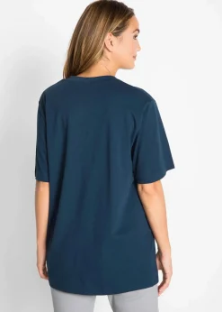 bonprix Shirts & Tops|Basics^Weites Long-Shirt mit V-Ausschnitt, Kurzarm (5er Pack) erdbeere + schwarz +weiß + hellgrau meliert + dunkelblau