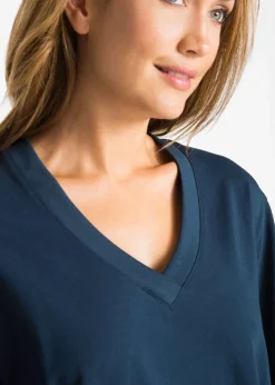 bonprix Shirts & Tops|Basics^Weites Long-Shirt mit V-Ausschnitt, Kurzarm (5er Pack) erdbeere + schwarz +weiß + hellgrau meliert + dunkelblau