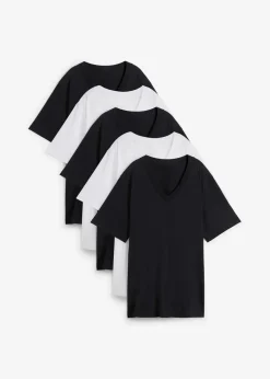 bonprix Shirts & Tops|Basics^Weites Long-Shirt mit V-Ausschnitt, Kurzarm (5er Pack) schwarz + schwarz + schwarz + weiß + weiß