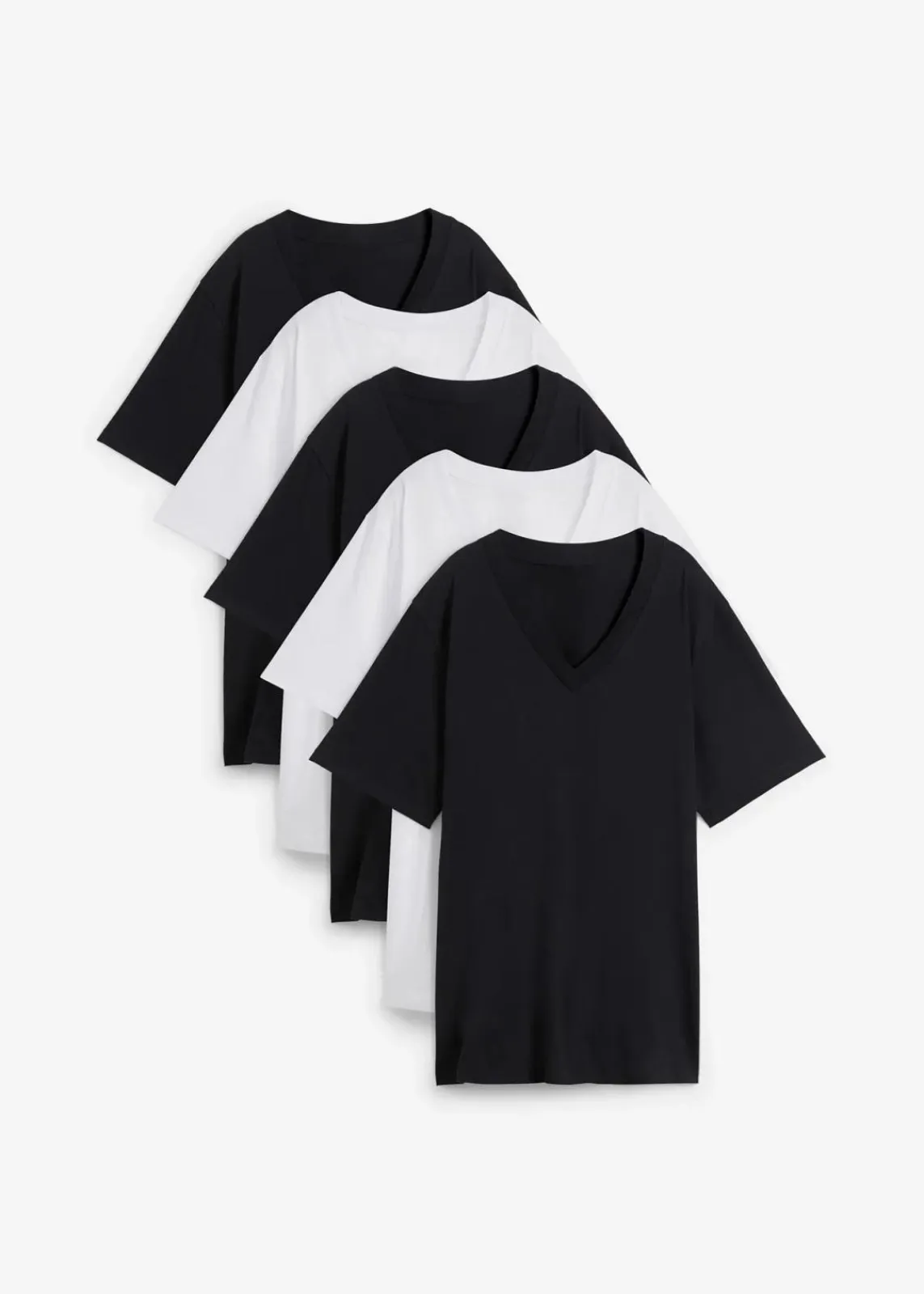 bonprix Shirts & Tops|Basics^Weites Long-Shirt mit V-Ausschnitt, Kurzarm (5er Pack) schwarz + schwarz + schwarz + weiß + weiß