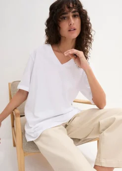 bonprix Shirts & Tops|Basics^Weites Long-Shirt mit V-Ausschnitt, Kurzarm (5er Pack) schwarz + schwarz + schwarz + weiß + weiß
