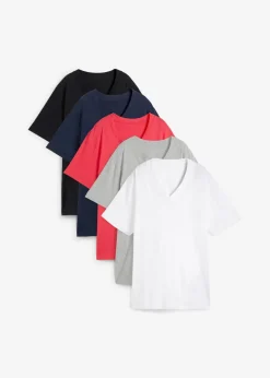 bonprix Shirts & Tops|Basics^Weites Long-Shirt mit V-Ausschnitt, Kurzarm (5er Pack) schwarz+ hibiskuspink + hellgrau meliert + weiß + dunkelblau