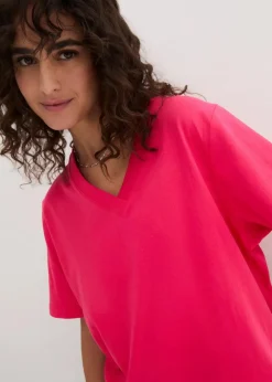 bonprix Shirts & Tops|Basics^Weites Long-Shirt mit V-Ausschnitt, Kurzarm (5er Pack) schwarz+ hibiskuspink + hellgrau meliert + weiß + dunkelblau