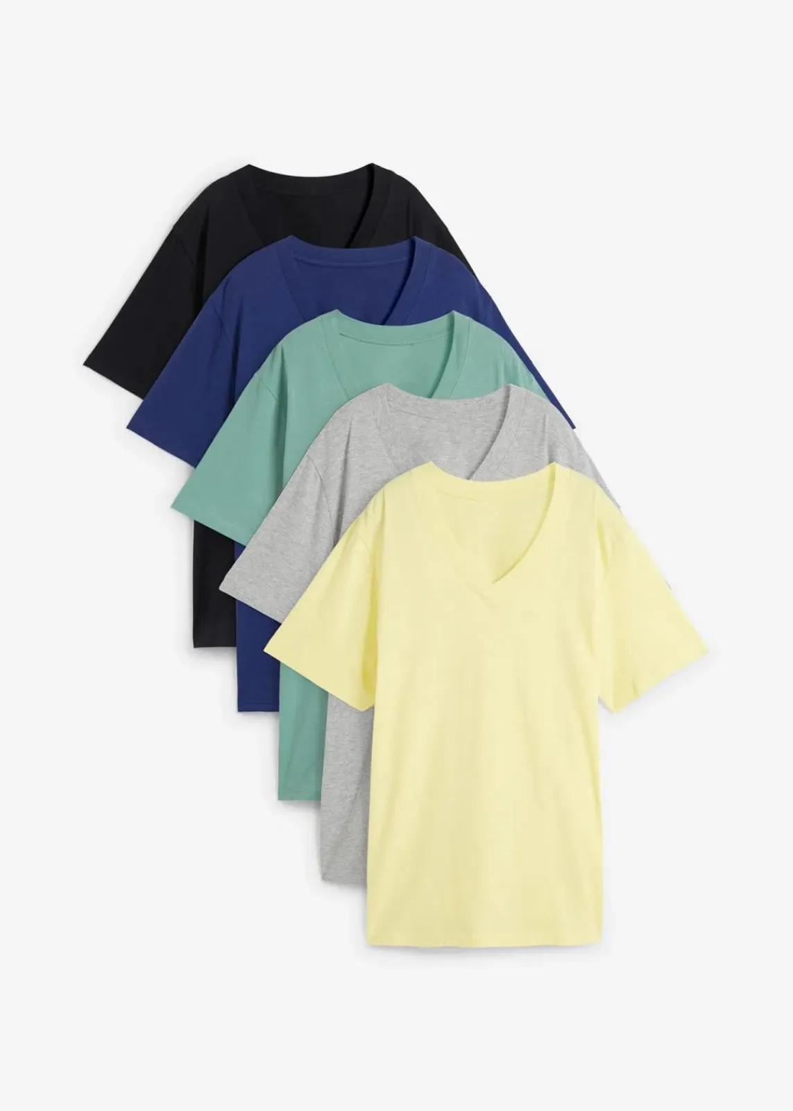 bonprix Shirts & Tops|Basics^Weites Long-Shirt mit V-Ausschnitt, Kurzarm (5er Pack) helllimone + salbeigrün + mitternachtsblau + hellgrau meliert + schwarz