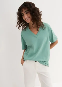 bonprix Shirts & Tops|Basics^Weites Long-Shirt mit V-Ausschnitt, Kurzarm (5er Pack) helllimone + salbeigrün + mitternachtsblau + hellgrau meliert + schwarz