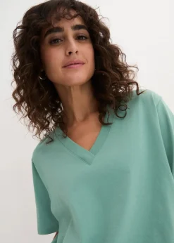 bonprix Shirts & Tops|Basics^Weites Long-Shirt mit V-Ausschnitt, Kurzarm (5er Pack) helllimone + salbeigrün + mitternachtsblau + hellgrau meliert + schwarz