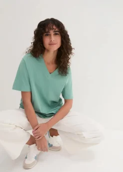 bonprix Shirts & Tops|Basics^Weites Long-Shirt mit V-Ausschnitt, Kurzarm (5er Pack) helllimone + salbeigrün + mitternachtsblau + hellgrau meliert + schwarz