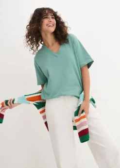 bonprix Shirts & Tops|Basics^Weites Long-Shirt mit V-Ausschnitt, Kurzarm (5er Pack) helllimone + salbeigrün + mitternachtsblau + hellgrau meliert + schwarz