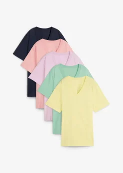 bonprix Shirts & Tops|Basics^Weites Long-Shirt mit V-Ausschnitt, Kurzarm (5er Pack) softrosa + softflieder + mint + softlimette + dunkelblau