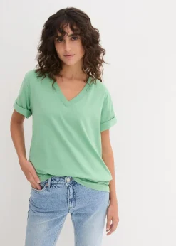 bonprix Shirts & Tops|Basics^Weites Long-Shirt mit V-Ausschnitt, Kurzarm (5er Pack) softrosa + softflieder + mint + softlimette + dunkelblau