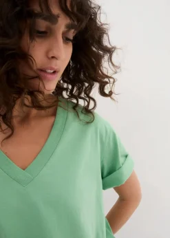 bonprix Shirts & Tops|Basics^Weites Long-Shirt mit V-Ausschnitt, Kurzarm (5er Pack) softrosa + softflieder + mint + softlimette + dunkelblau
