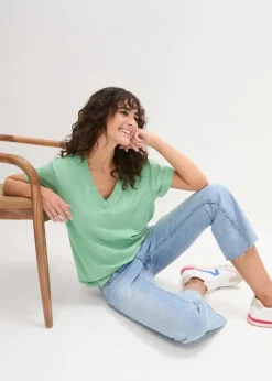 bonprix Shirts & Tops|Basics^Weites Long-Shirt mit V-Ausschnitt, Kurzarm (5er Pack) softrosa + softflieder + mint + softlimette + dunkelblau