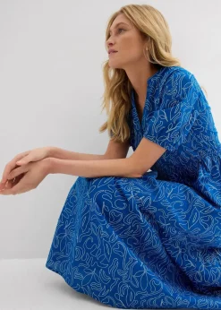 bonprix Kleider^Weites Midikleid aus reiner Baumwolle arktikblau/wollweiß bedruckt