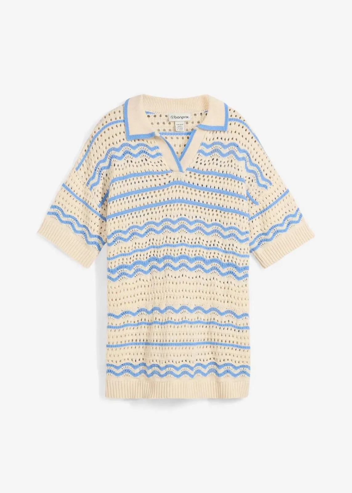 bonprix Strickmode|Shirts & Tops^Weites Strickshirt aus luftigem Baumwoll-Leinen-Mix elfenbein/mittelblau