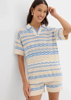 bonprix Strickmode|Shirts & Tops^Weites Strickshirt aus luftigem Baumwoll-Leinen-Mix elfenbein/mittelblau