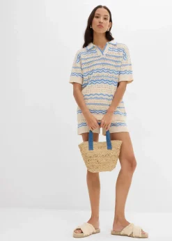 bonprix Strickmode|Shirts & Tops^Weites Strickshirt aus luftigem Baumwoll-Leinen-Mix elfenbein/mittelblau