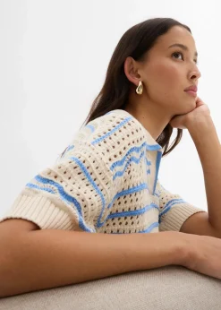 bonprix Strickmode|Shirts & Tops^Weites Strickshirt aus luftigem Baumwoll-Leinen-Mix elfenbein/mittelblau