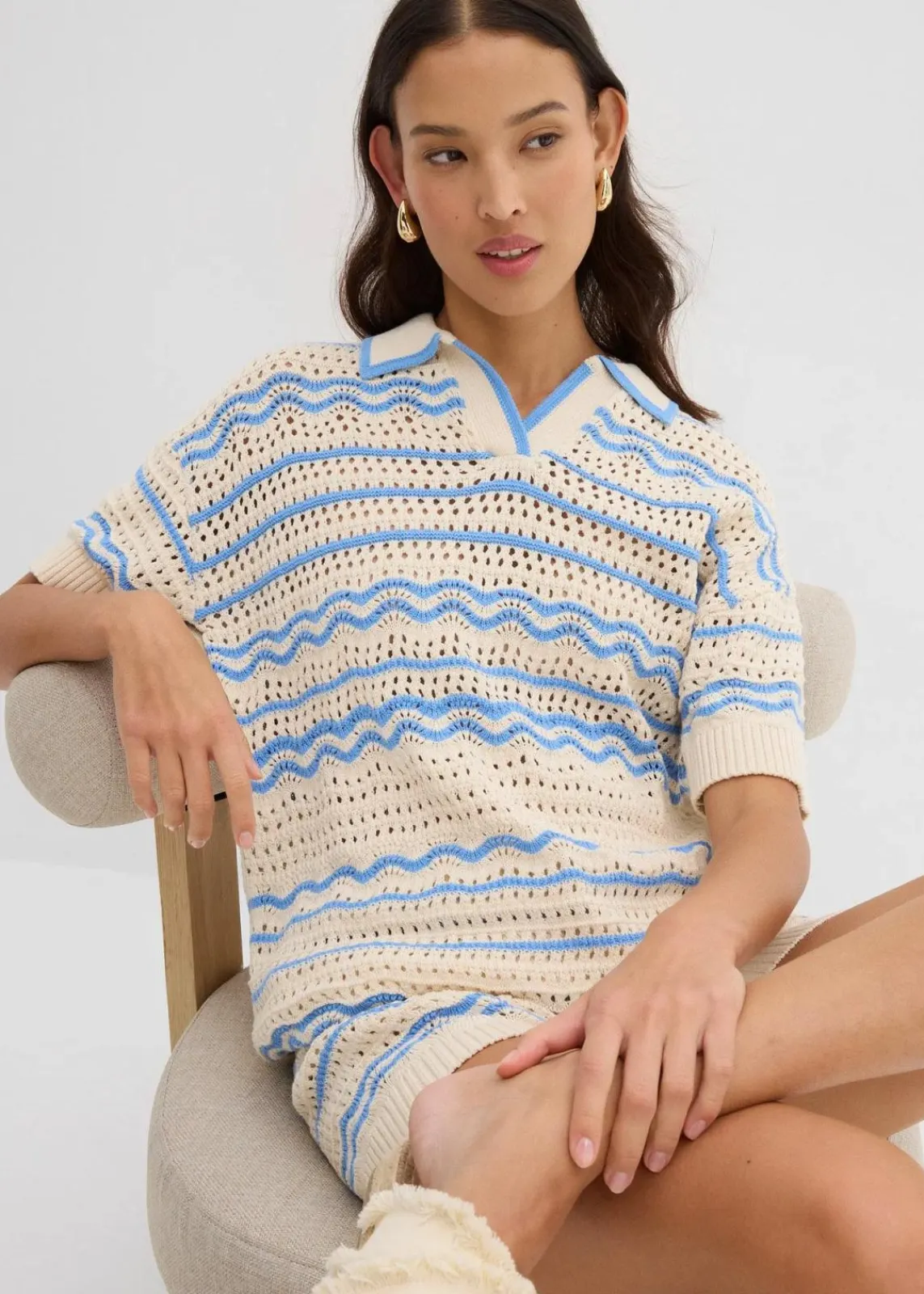 bonprix Strickmode|Shirts & Tops^Weites Strickshirt aus luftigem Baumwoll-Leinen-Mix elfenbein/mittelblau