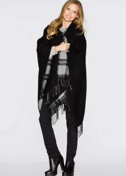 bonprix Ponchos|Schuhe & Accessoires In Spezialgrößen·Tücher & Ponchos^Wende-Poncho schwarz/grau kariert + schwarz uni