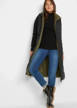 bonprix Bekleidung·Hosen|Jacken & Mäntel^Wende-Steppweste aus recyceltem Polyester mit Kapuze schwarz/dunkeloliv