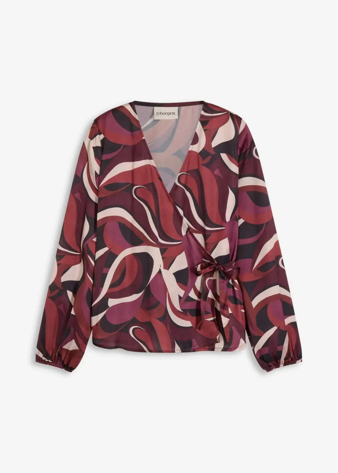 bonprix Bekleidung·Jacken & Mäntel|Blusen & Tuniken^Wickelbluse aus fließendem Satin weinrot/mattbeige bedruckt