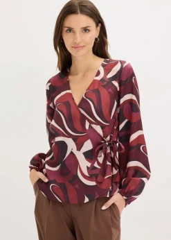 bonprix Bekleidung·Jacken & Mäntel|Blusen & Tuniken^Wickelbluse aus fließendem Satin weinrot/mattbeige bedruckt